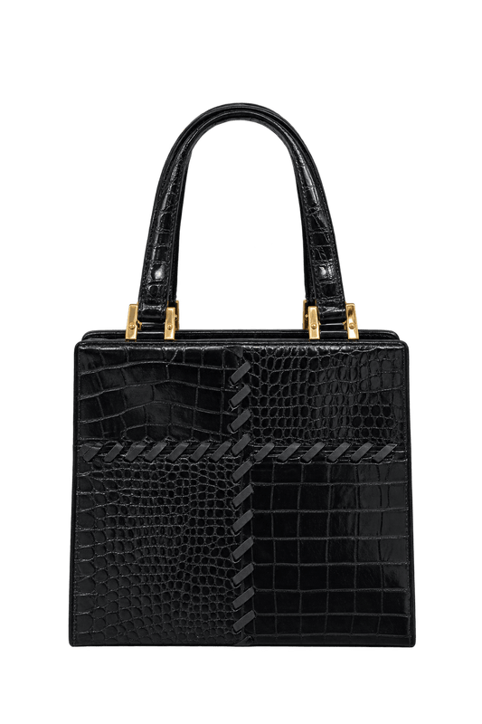 1980s Glossy Black Leather-like Handbag - Front View