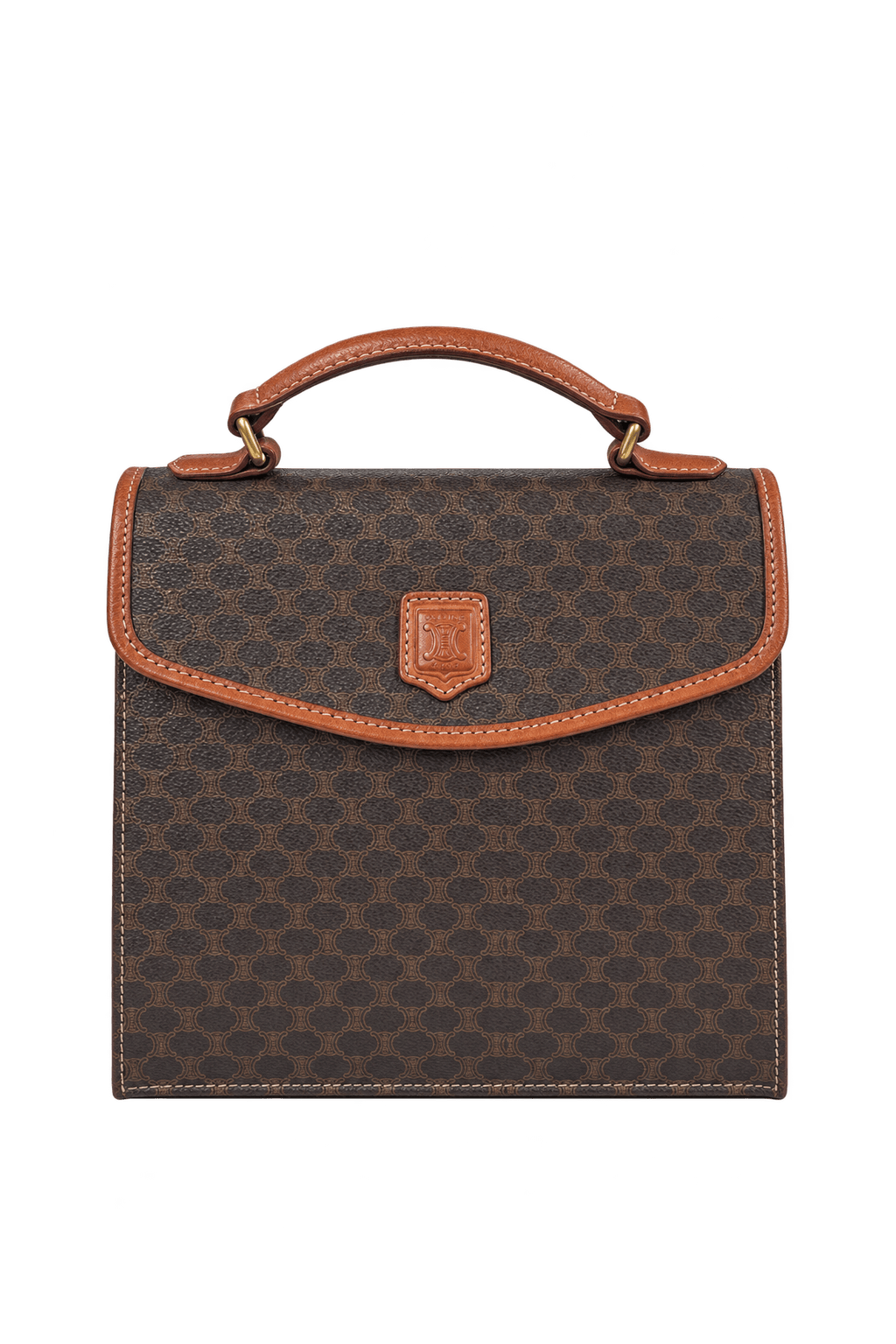 1980s Dark Brown Coated Canvas Top-Handle Handbag - Front View