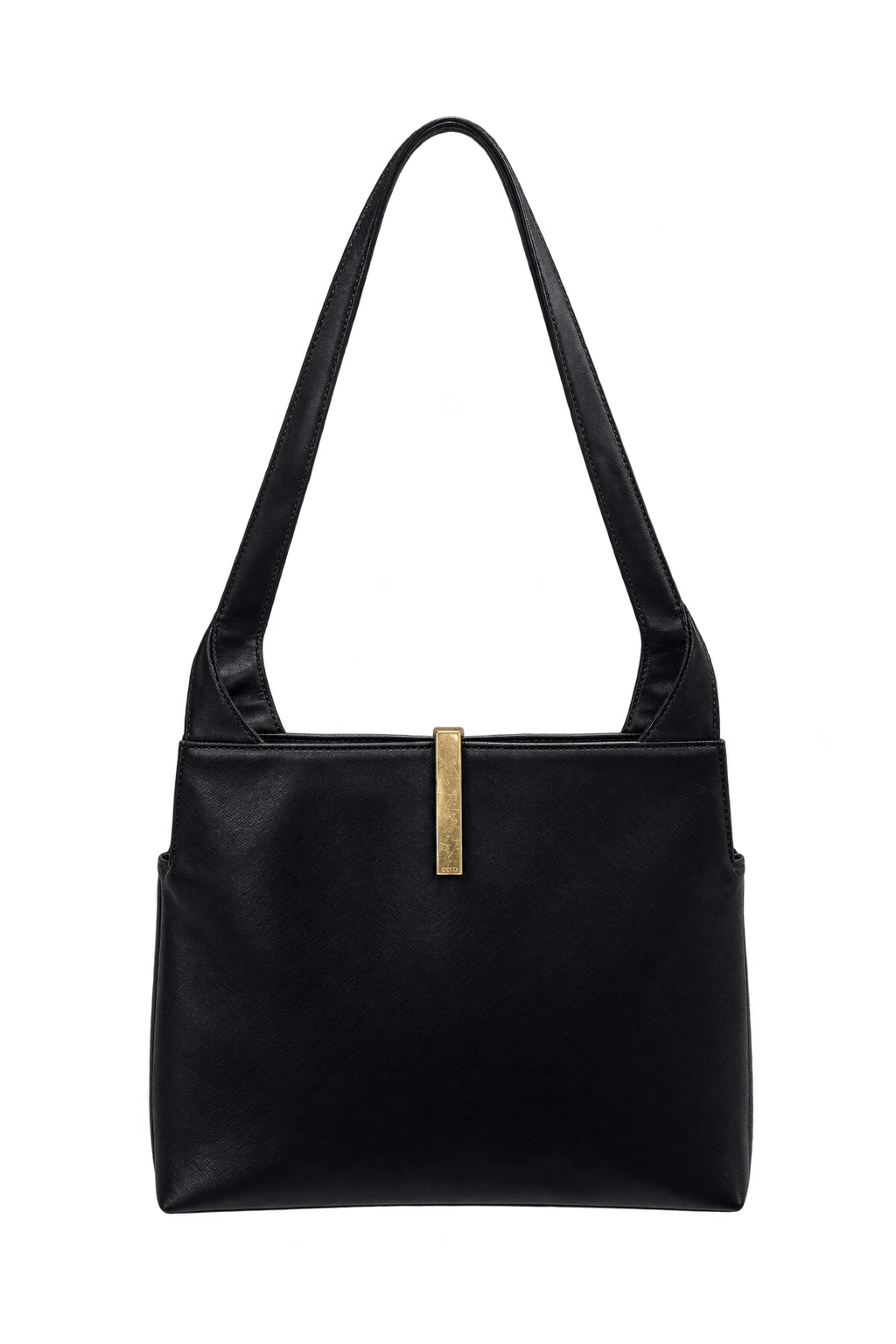 [1980s] Black Leather-like Shoulder Bag - Front View