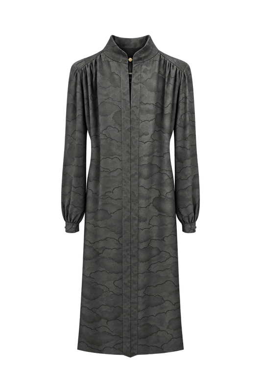 1970s Charcoal Gray Unverified Woven Fabric Dress - Front View
