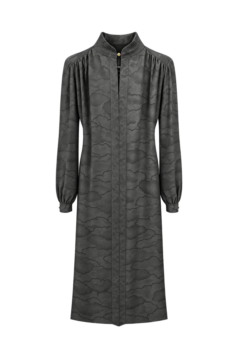 1970s Charcoal Gray Unverified Woven Fabric Dress - Front View