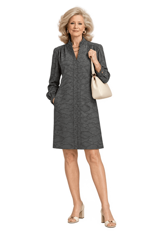 1970s Charcoal Gray Unverified Woven Fabric Dress - Model