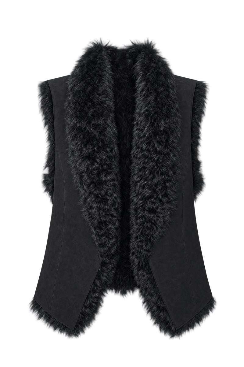1980s Black Shearling Vest - Front View
