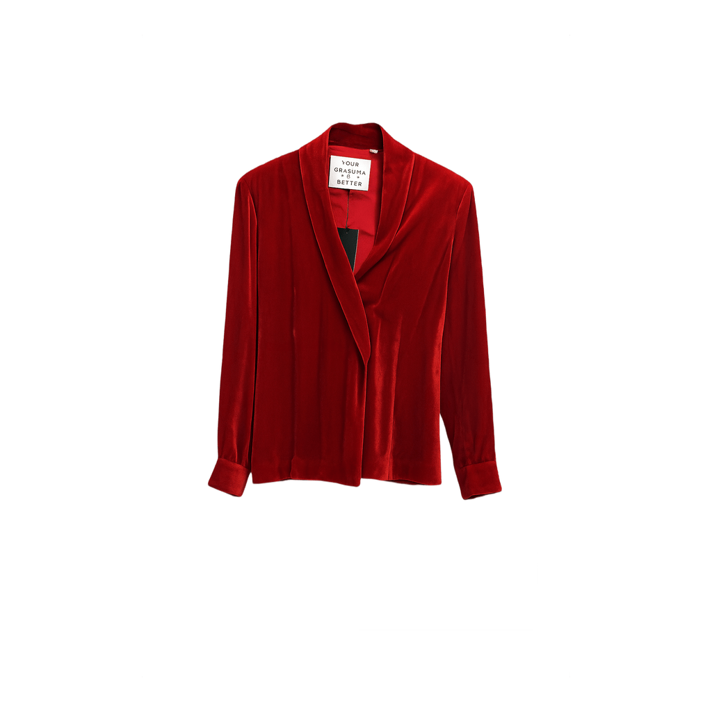 90s Red Velvet Wrap Blouse with Shawl Collar