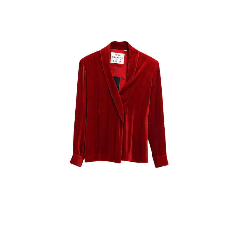 90s Red Velvet Wrap Blouse with Shawl Collar